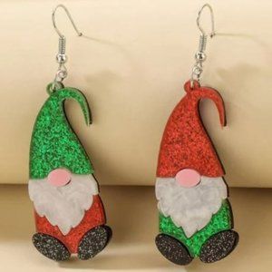 Lightweight Cute Red and Green Glitter Christmas Holiday Gnome Earrings